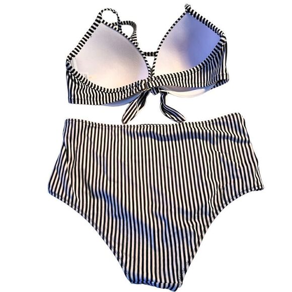 Shade & Shore black and white stripe high waisted bikini set 34D S ** - Picture 3 of 8